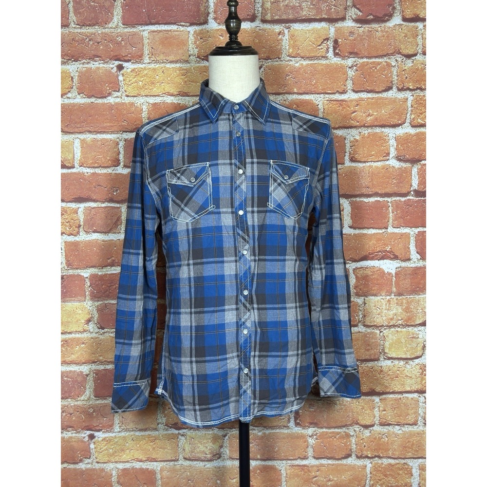 BKE Tailored Fit Pearl Snap Mens XL  Blue  Plaid Western Wear Long Sleeve Shirt